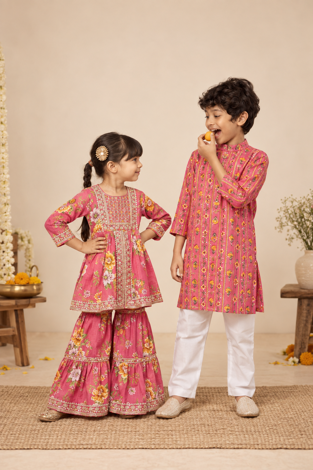 Pink Floral Embroidered Sharara Set