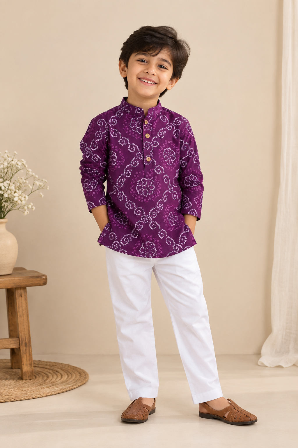 Purple Bandhej Print Kurta Pajama for Boys
