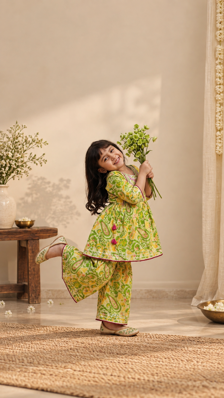 Lime Green Paisley Embroidered Flared Sharara Set