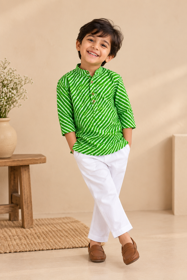 Green Leheriya Kurta Pyjama Set for Boys