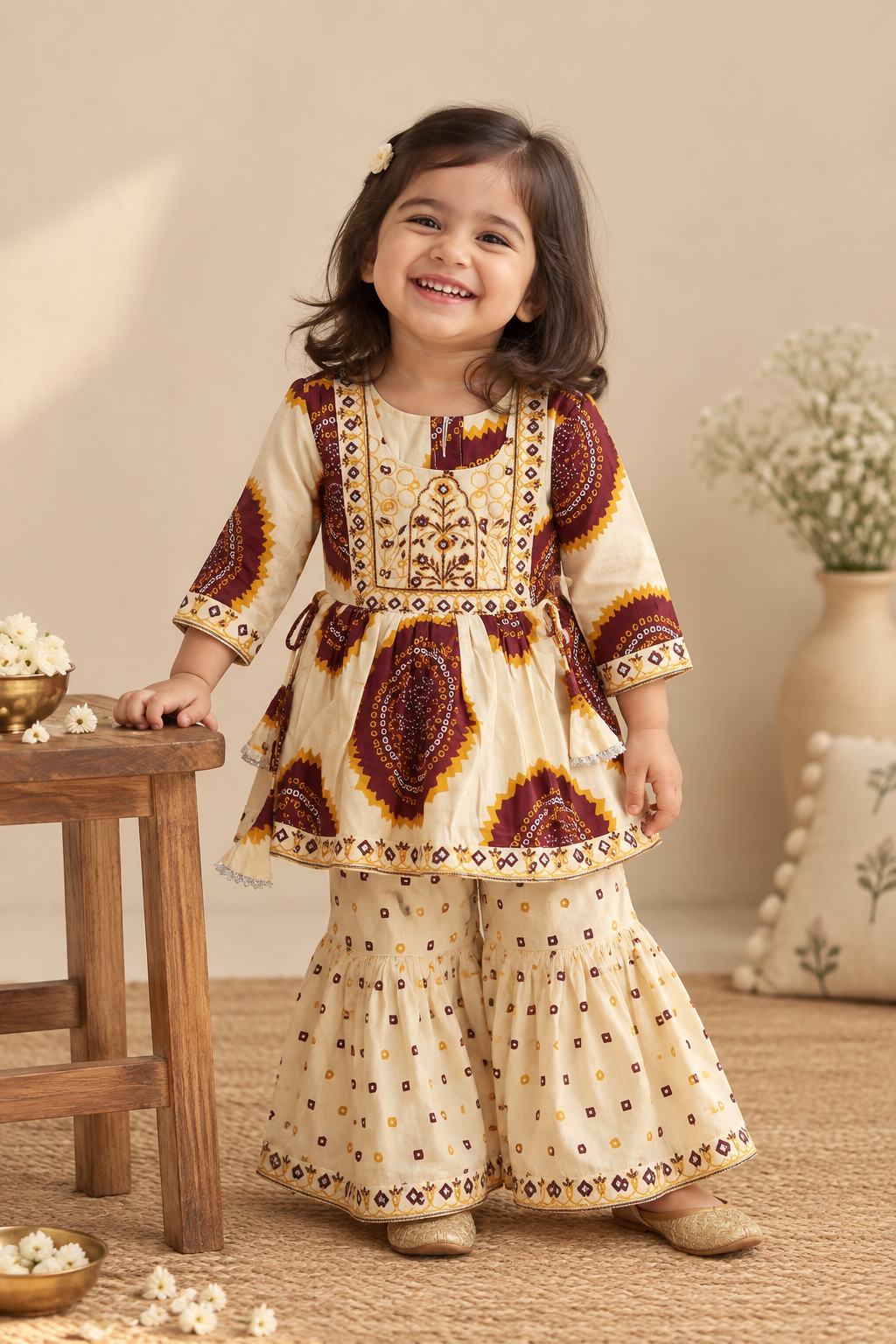 Ivory Bandhej Flared Sharara Set with Embroidery for kids