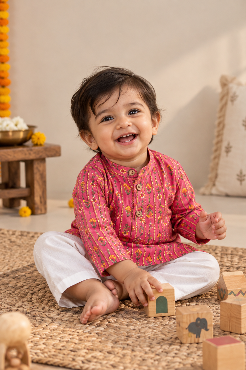 Pink Floral Kurta Pyjama 3 piece set for kids