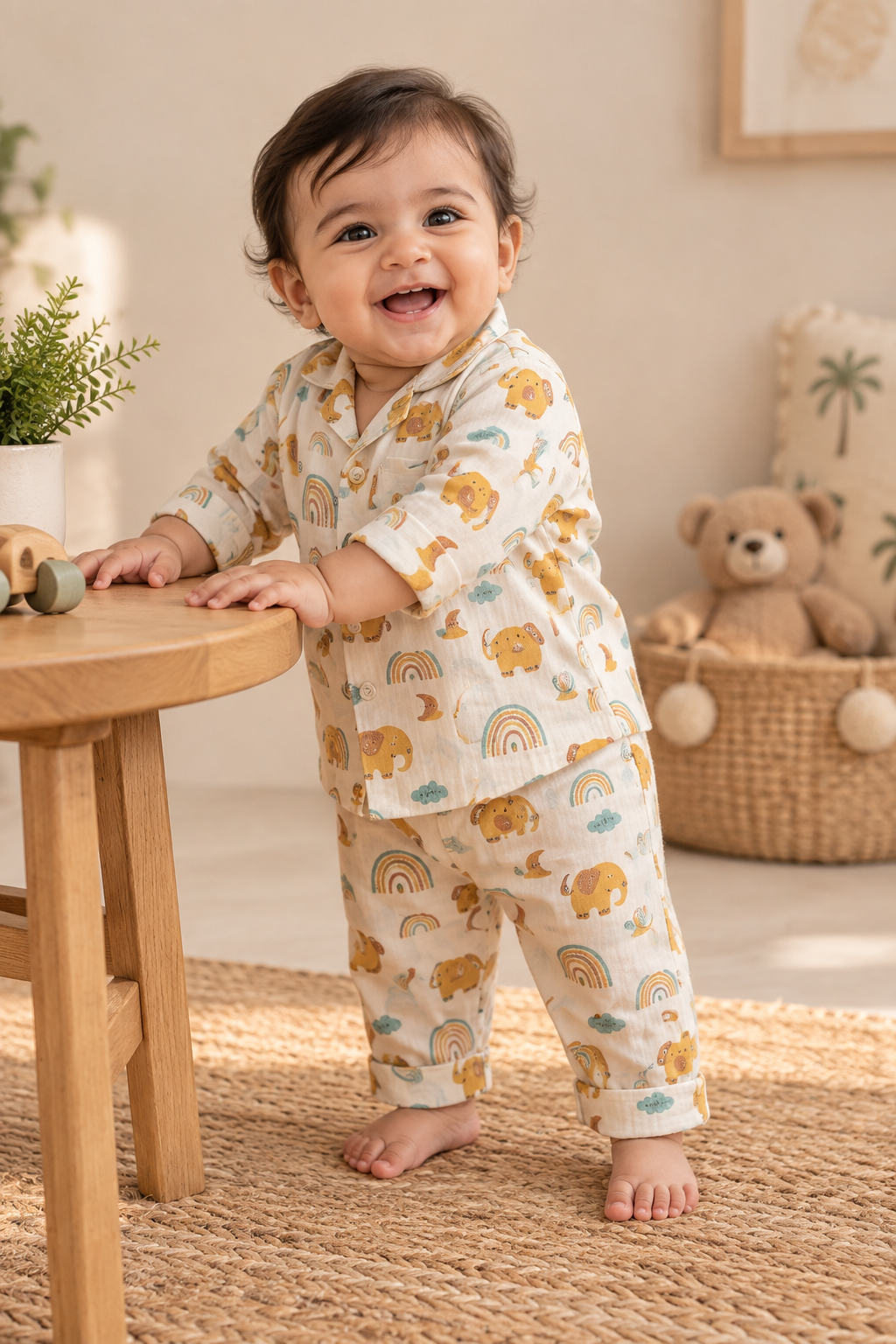 Golden Elephant and Rainbow Print Cotton Night Suit with pouch - Kids
