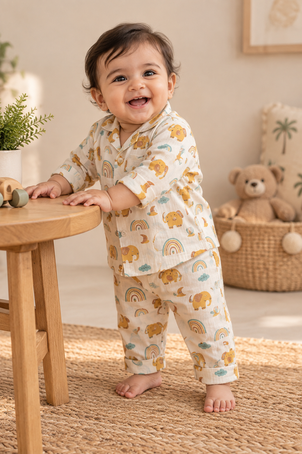 Golden Elephant and Rainbow Print Cotton Night Suit with pouch - Kids