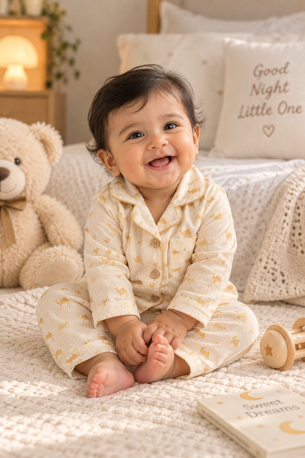 Golden Camel Print Cotton Night Suit with Pouch - kids