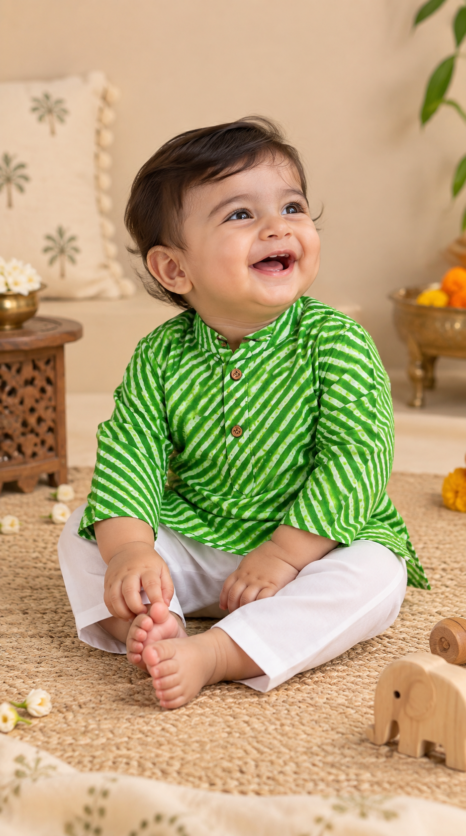 Green Leheriya Kurta Pyjama Set for Kids
