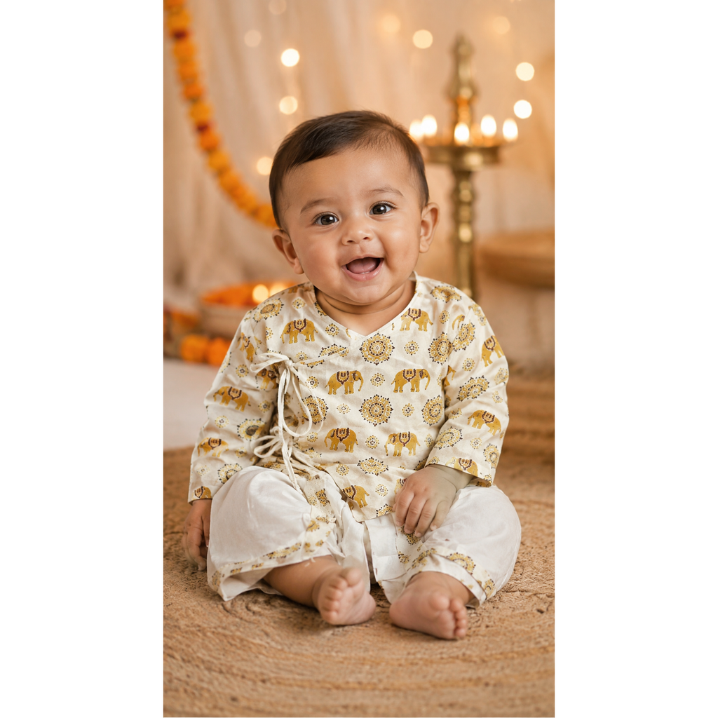 Ivory Elephant Print Angrakha Dhoti Set for kids