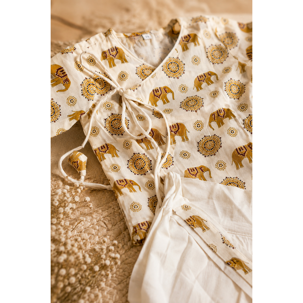 Ivory Elephant Print Angrakha Dhoti Set for kids