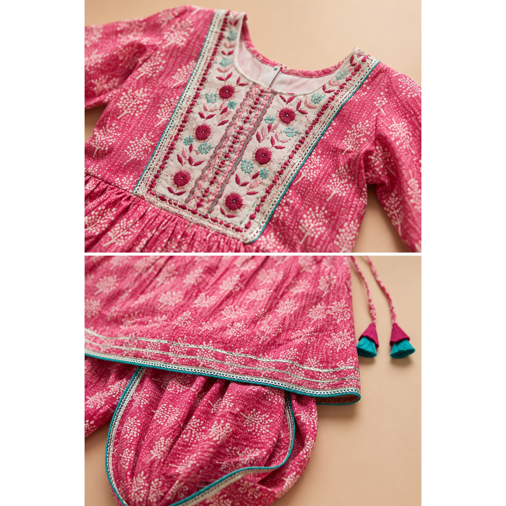 Rani Pink Embroidered Bandhej Flared Kurta-Dhoti Set
