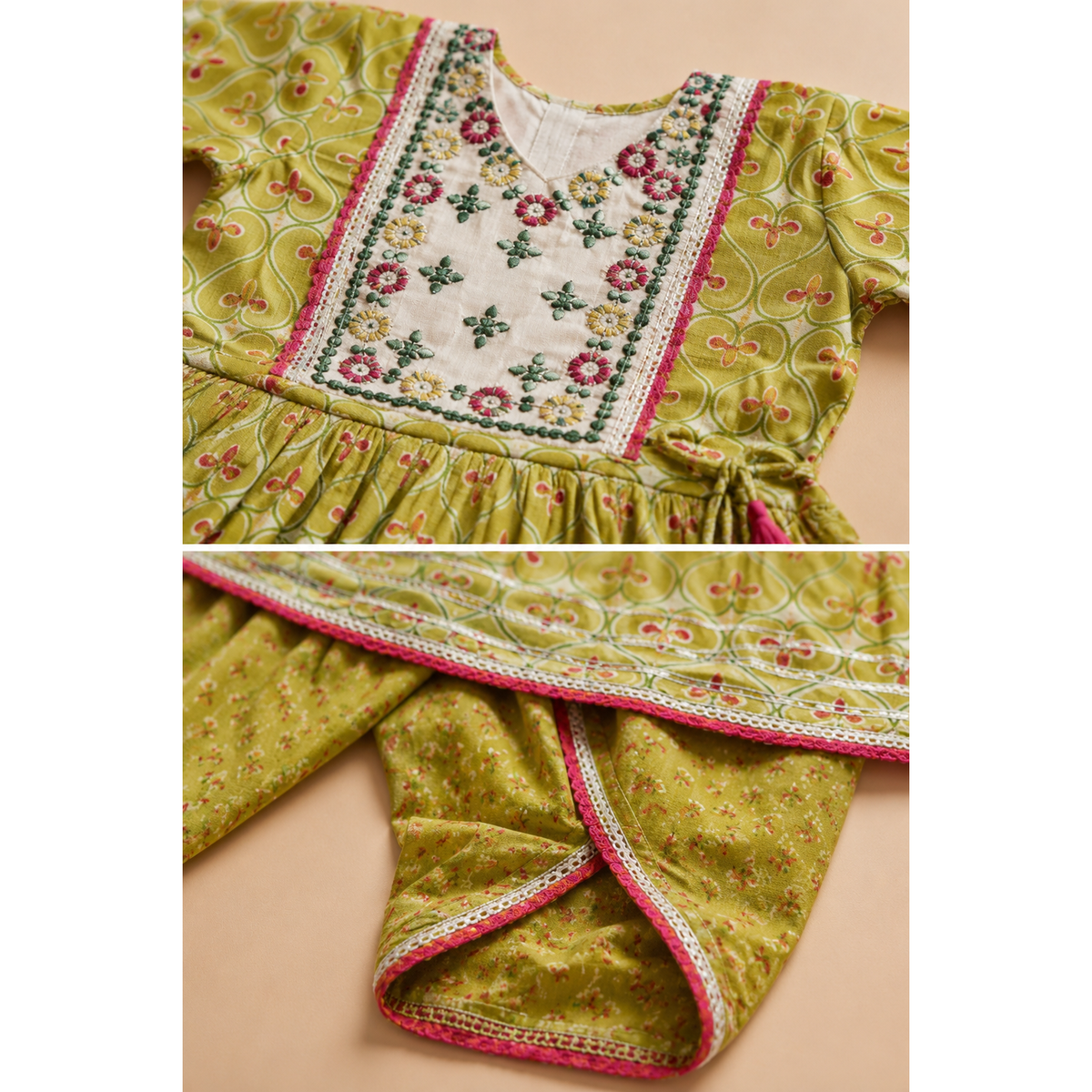 Mehendi Green Floral Embroidered Flared Kurta-Dhoti Set
