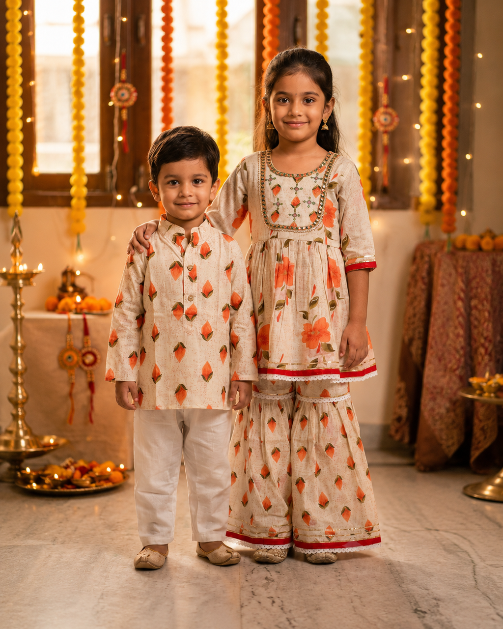 Ivory Floral Printed Kurta Palazzo Set