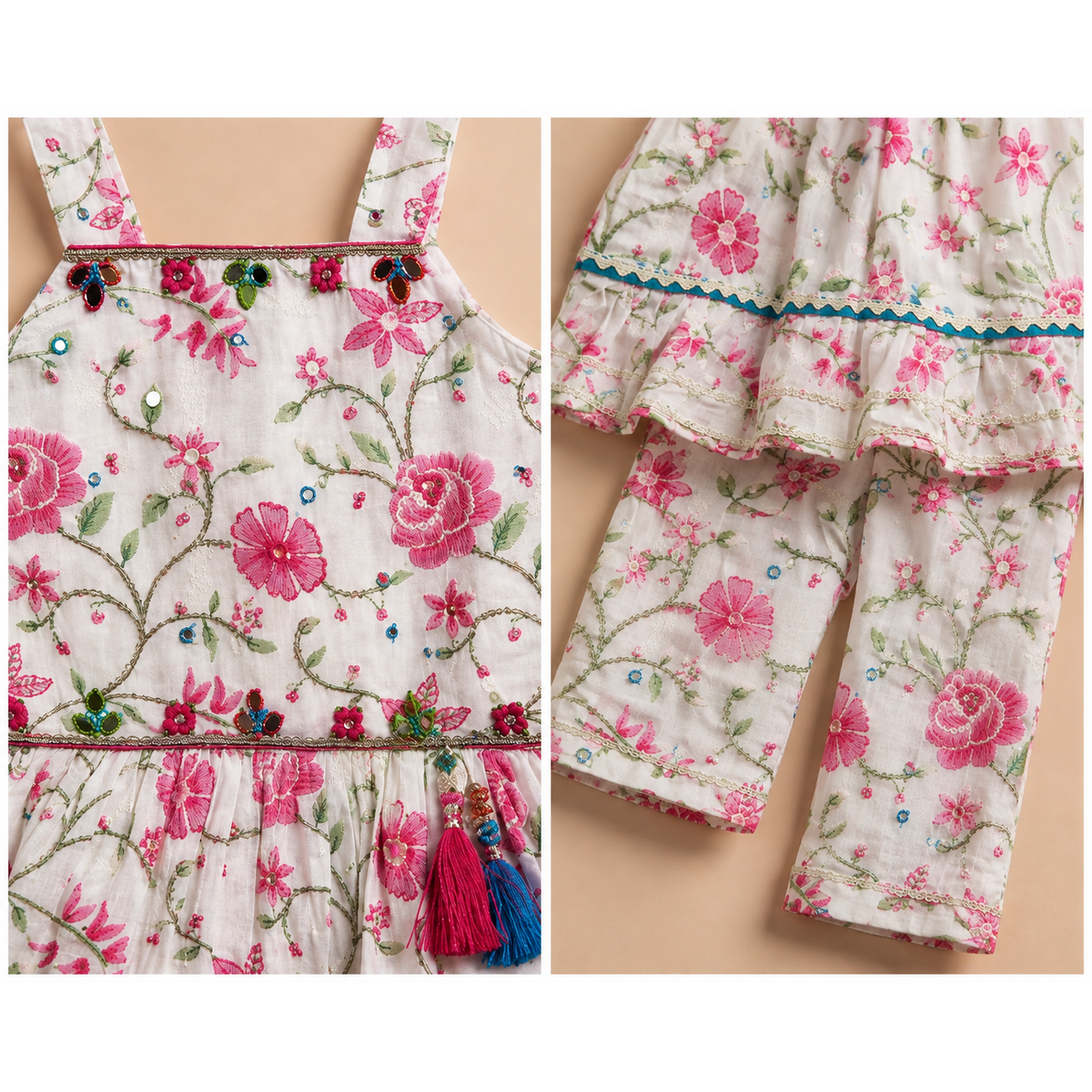 Pink Floral Embroidered Strappy Co-ord set for girls