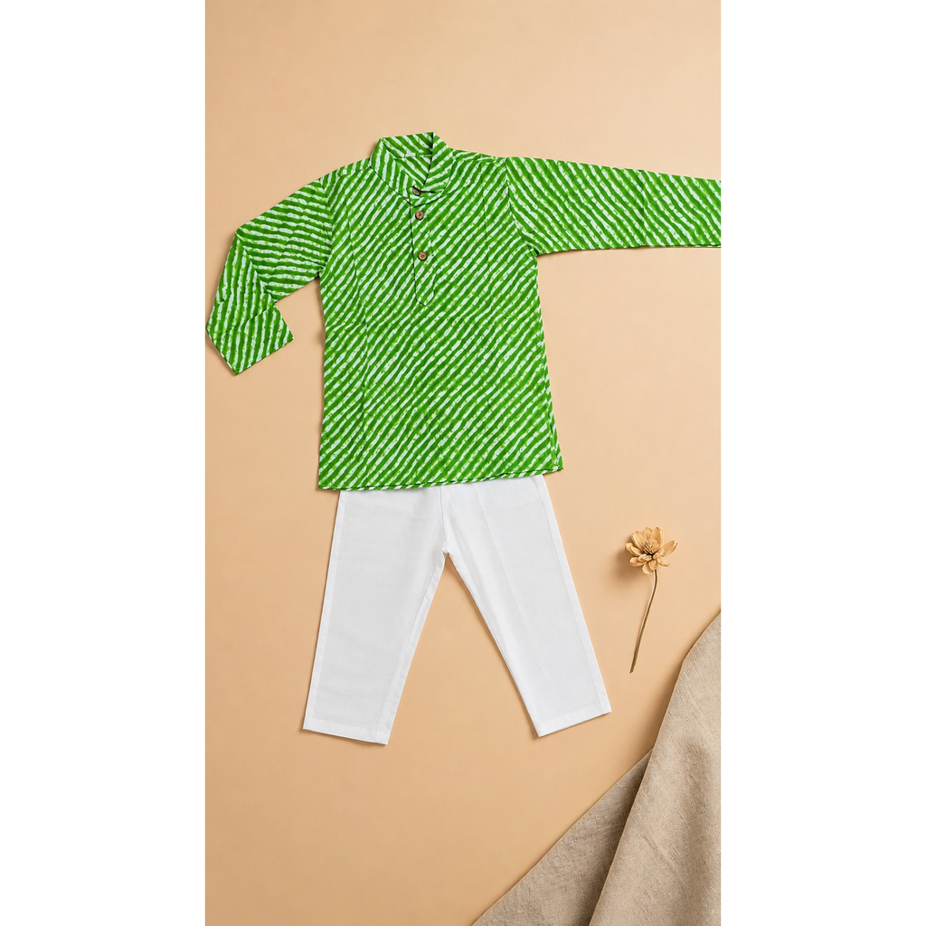 Green Leheriya Kurta Pyjama Set for Kids