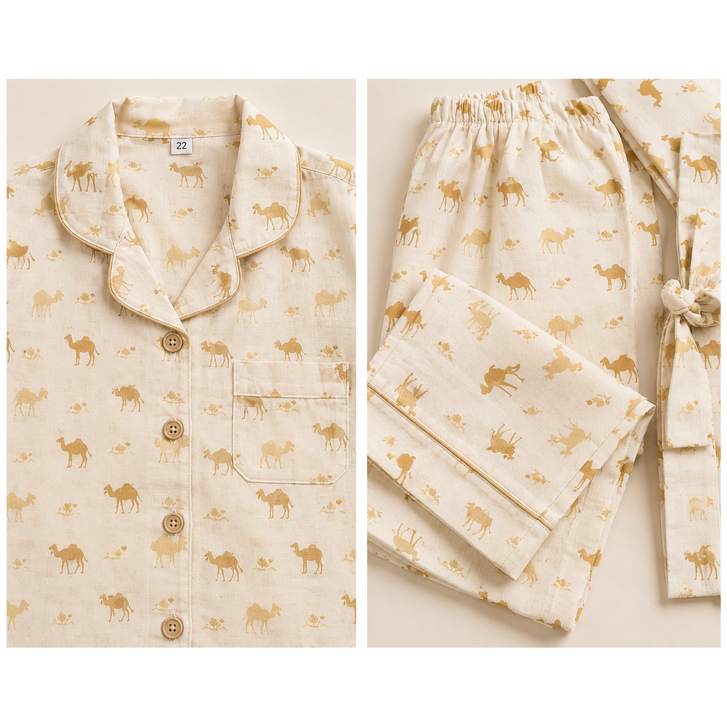 Golden Camel Print Cotton Night Suit with Pouch - kids
