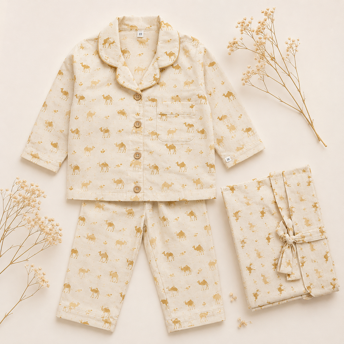 Golden Camel Print Cotton Night Suit with Pouch - kids