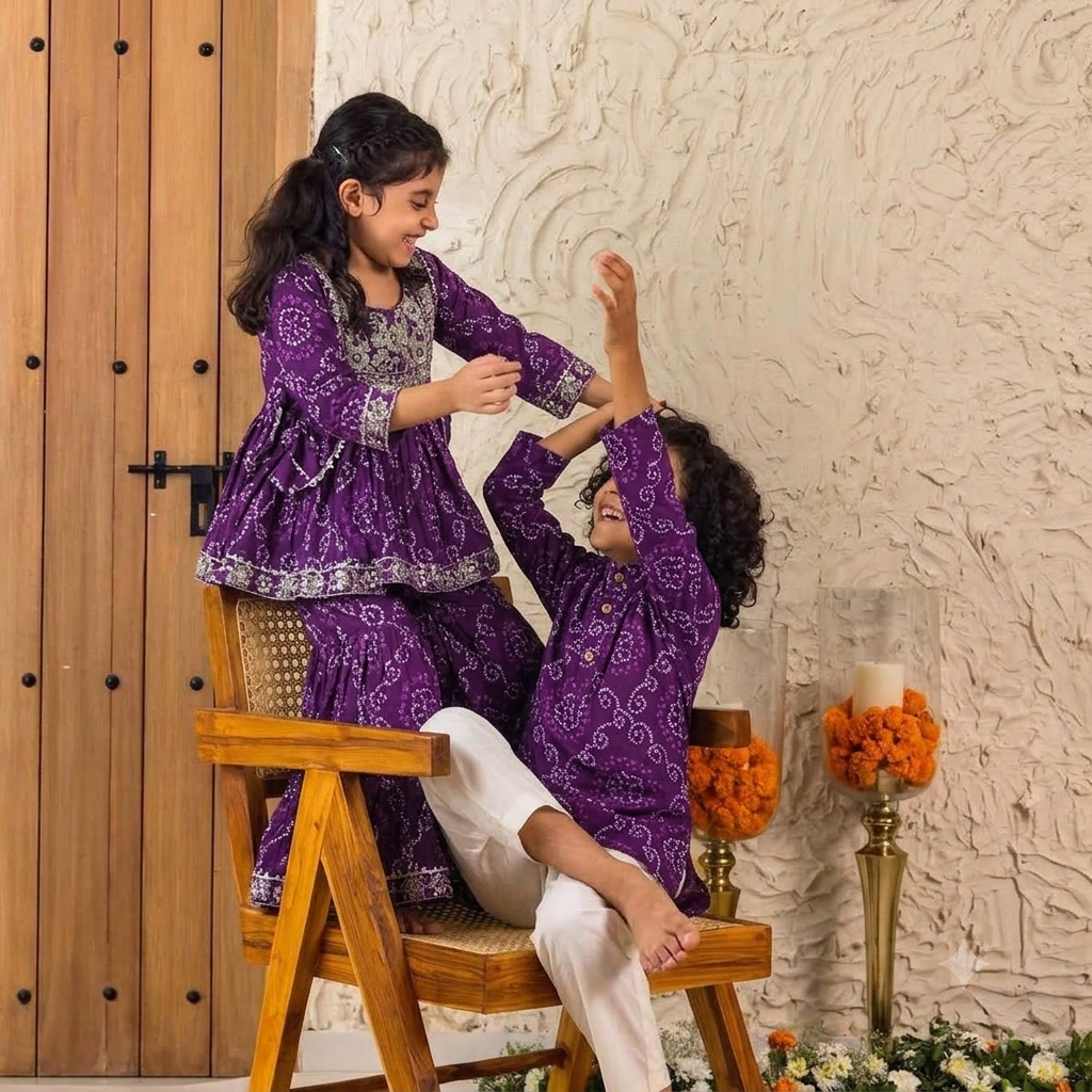 Purple Bandhej Print Kurta Pajama for Boys
