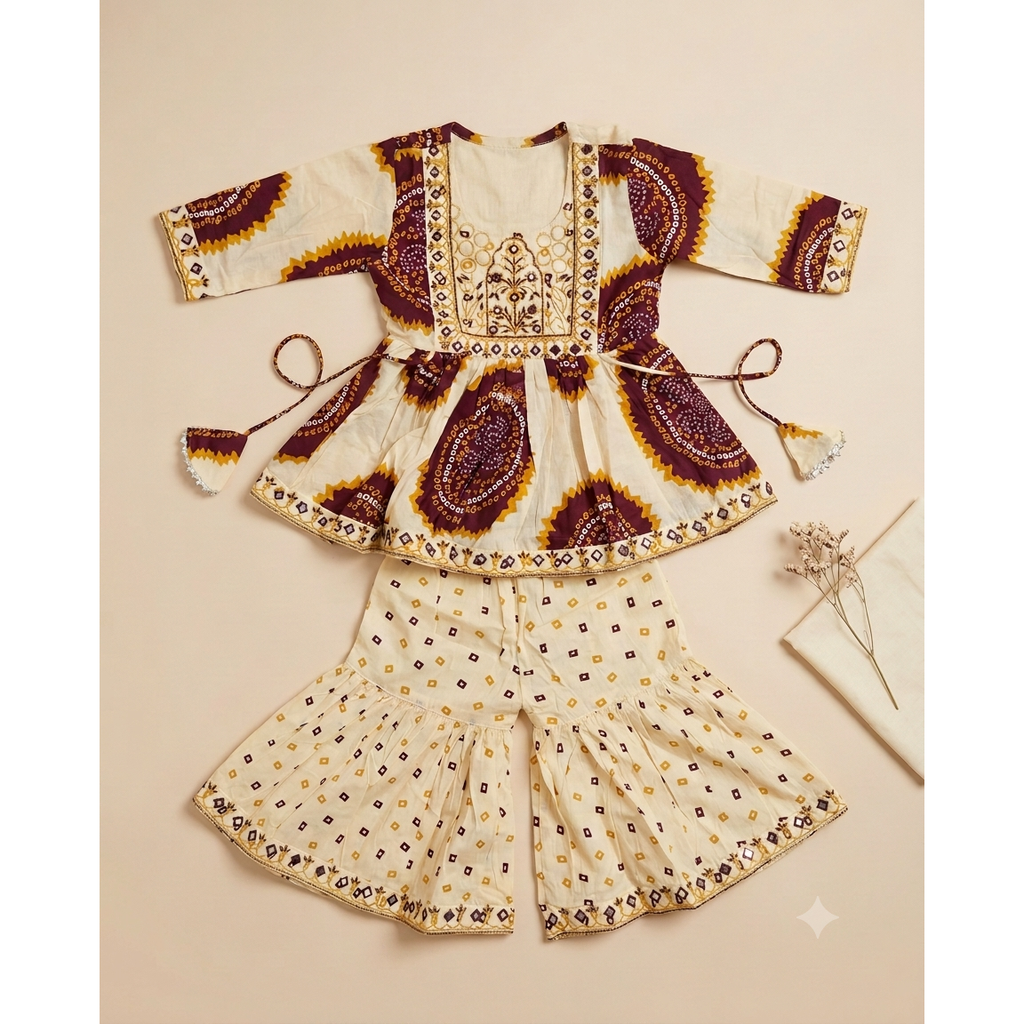 Ivory Bandhej Flared Sharara Set with Embroidery