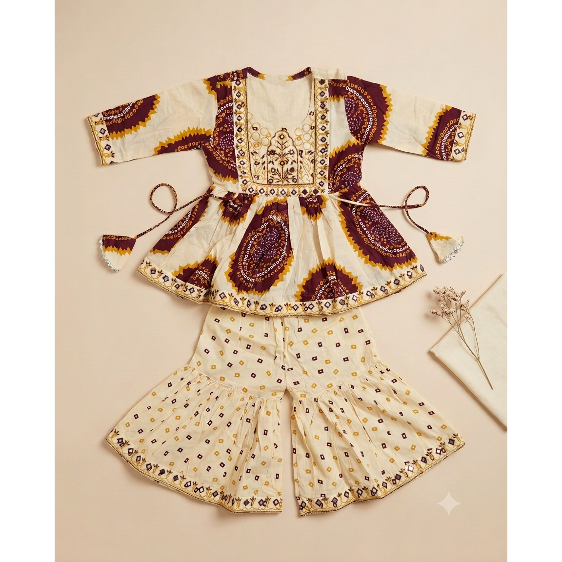 Ivory Bandhej Flared Sharara Set with Embroidery for kids