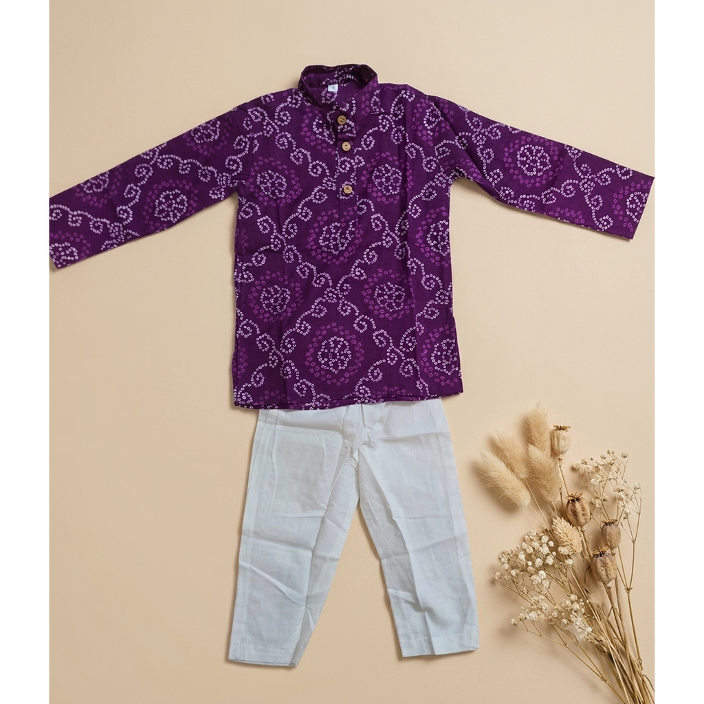 Purple Bandhej Print Kurta Pajama for Kids