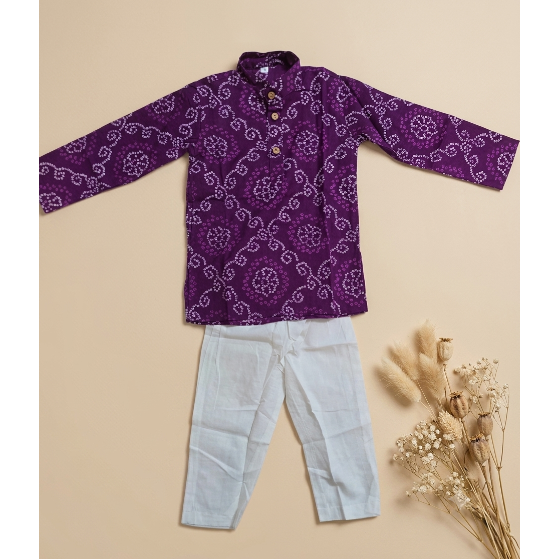 Purple Bandhej Print Kurta Pajama for Boys