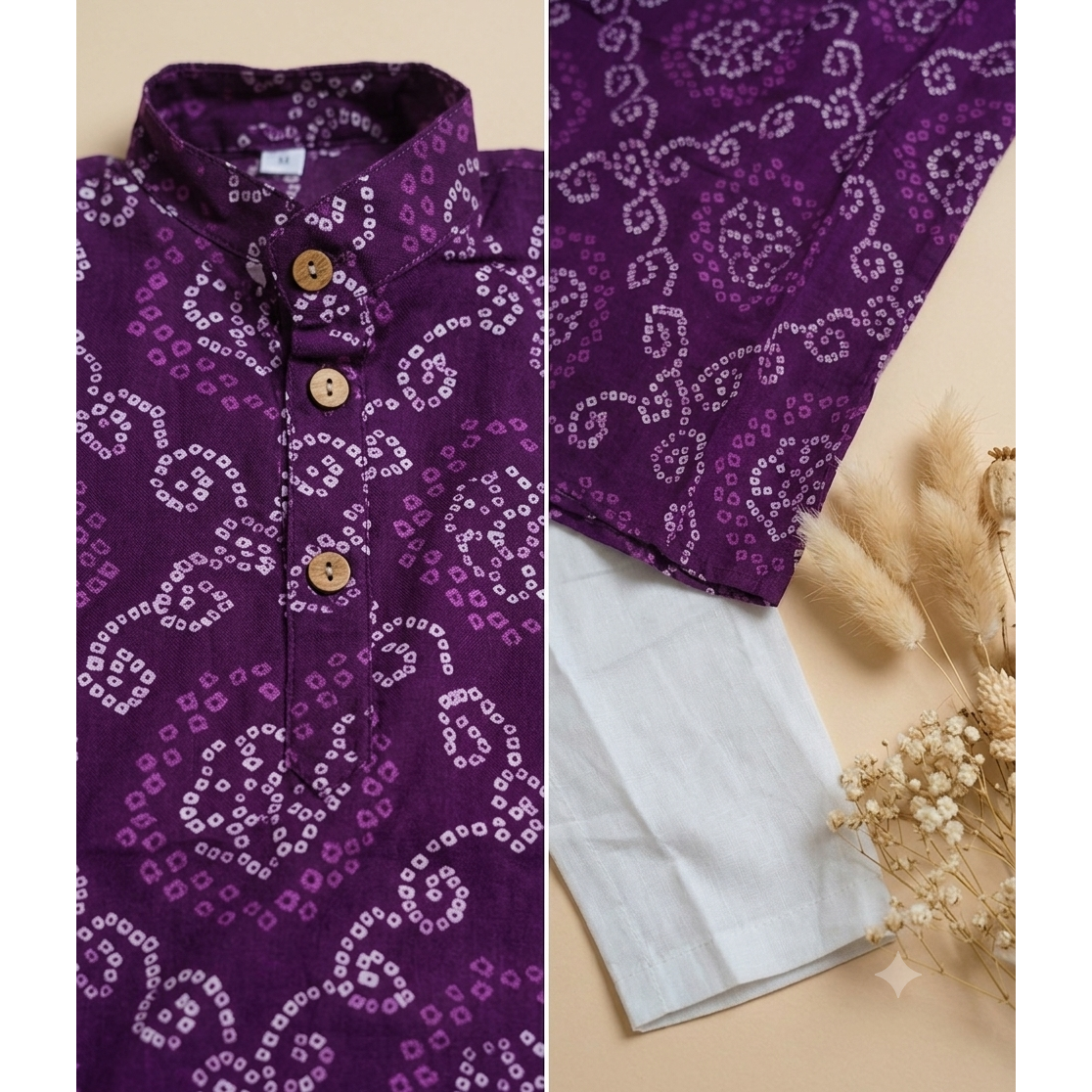 Purple Bandhej Print Kurta Pajama for Boys