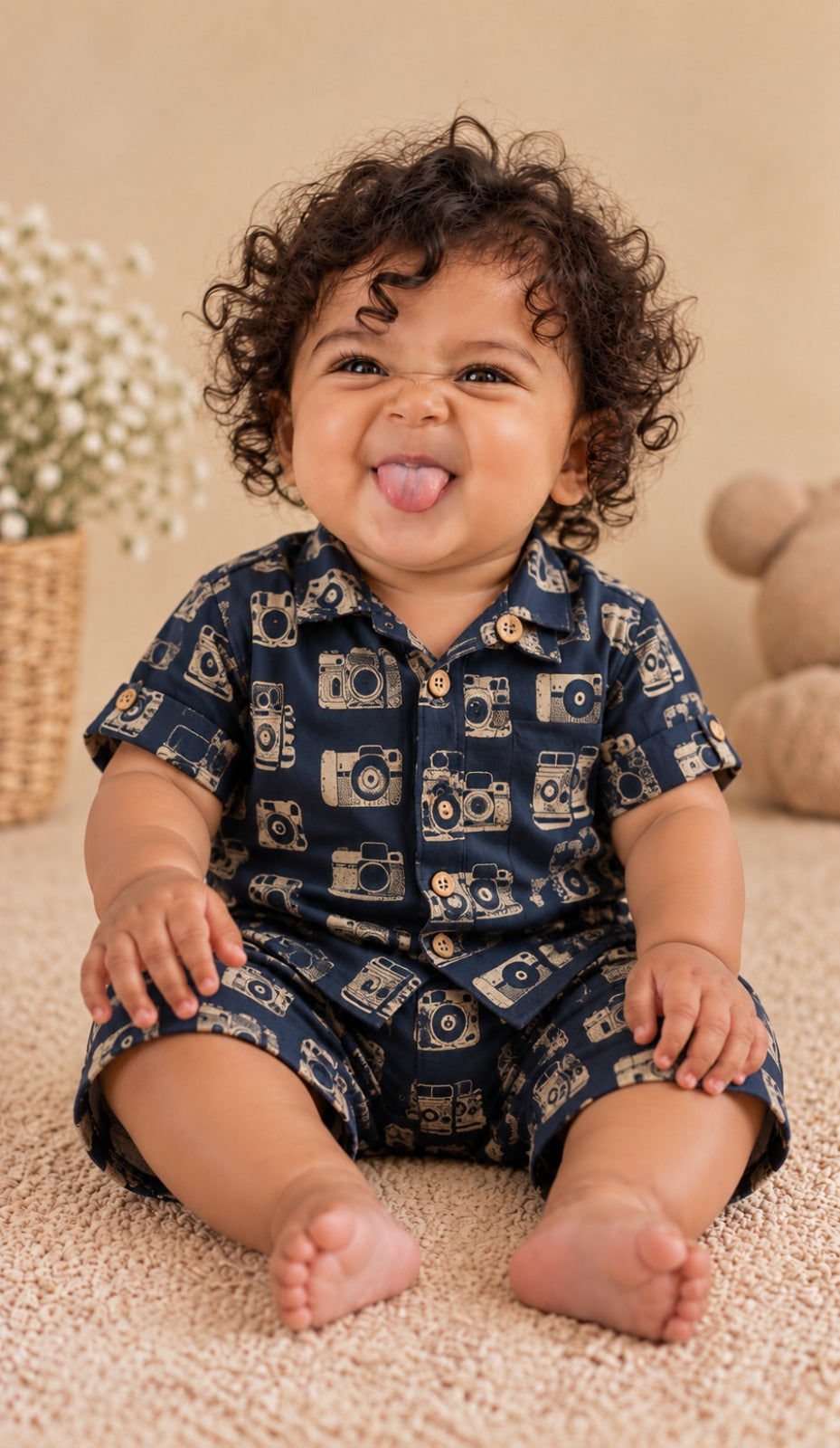 Vintage Camera Print Shirt-Shorts Co-ord Set for kids