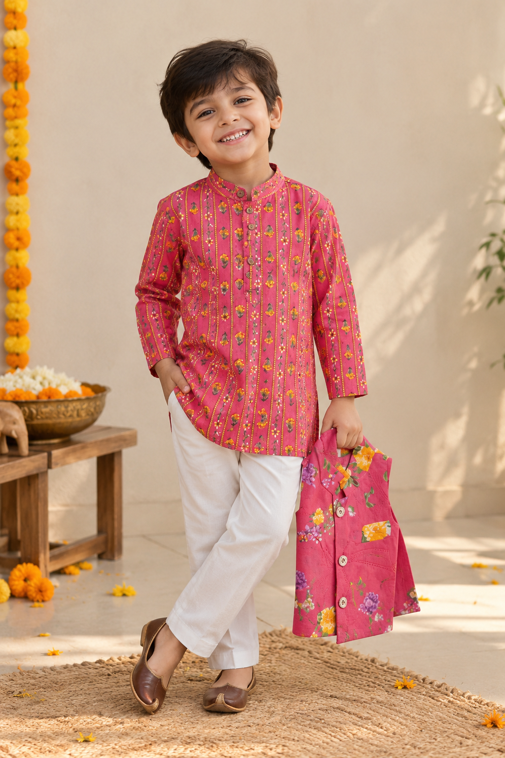 Pink Floral Kurta Pyjama 3 piece set for Boys