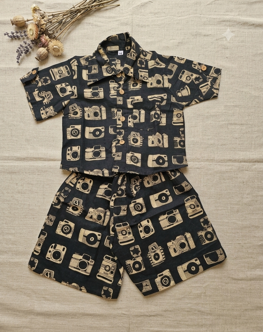 Vintage Camera Print Shirt-Shorts Co-ord Set for boys