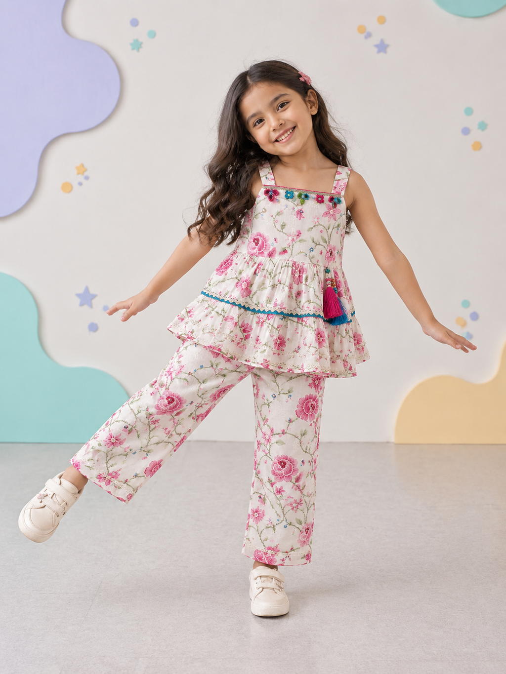 Pink Floral Embroidered Strappy Co-ord set for girls