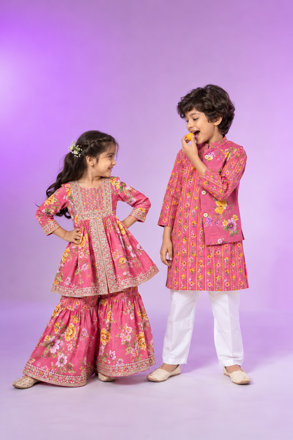 Pink Floral Kurta Pyjama 3 piece set for Boys