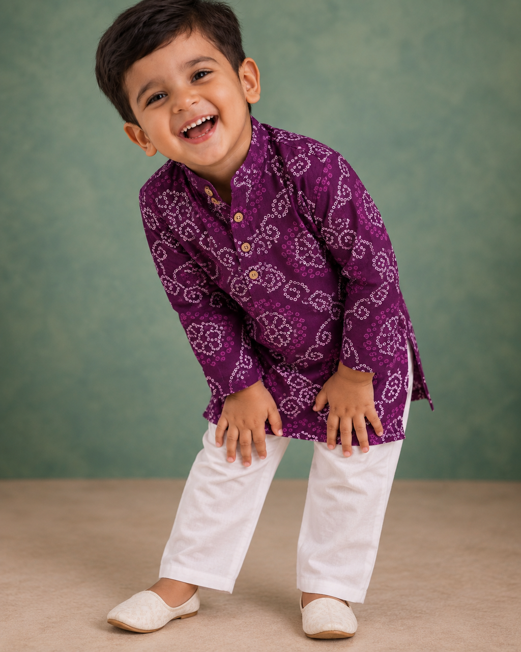 Purple Bandhej Print Kurta Pajama for Kids