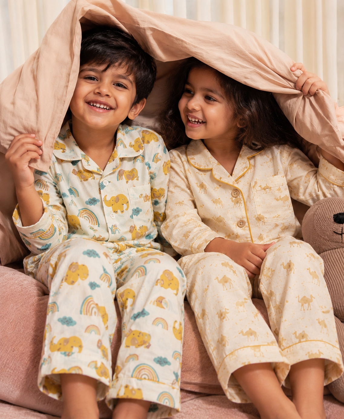 Golden Elephant and Rainbow Print Cotton Night Suit with pouch - Unisex