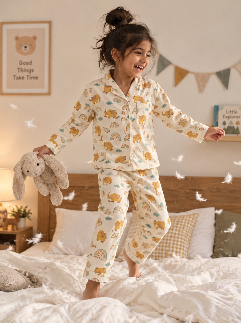 Golden Elephant and Rainbow Print Cotton Night Suit with pouch - Unisex