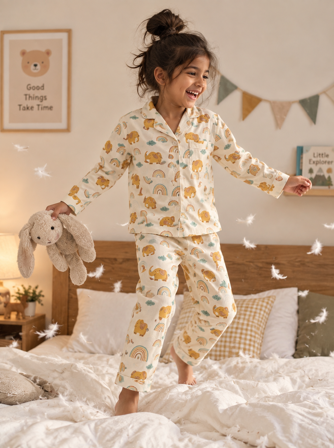 Golden Elephant and Rainbow Print Cotton Night Suit with pouch - Unisex