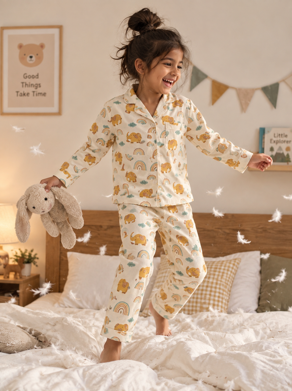 Golden Elephant and Rainbow Print Cotton Night Suit with pouch - Unisex