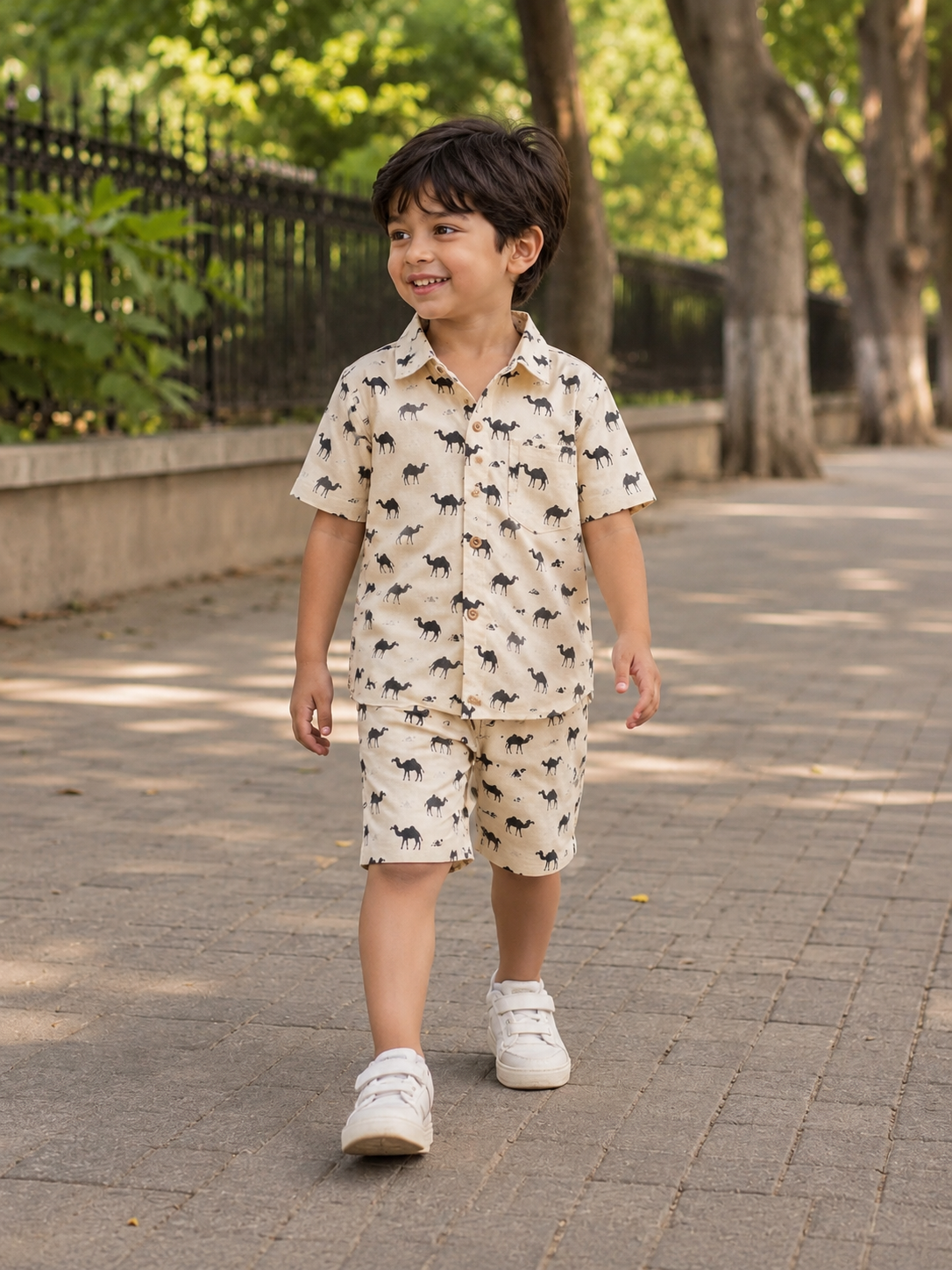 Camel Print Shirt-Shorts Co-ord Set for boys