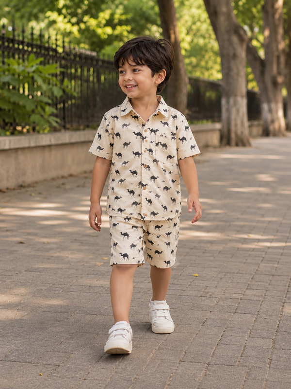 Camel Print Shirt-Shorts Co-ord Set for boys