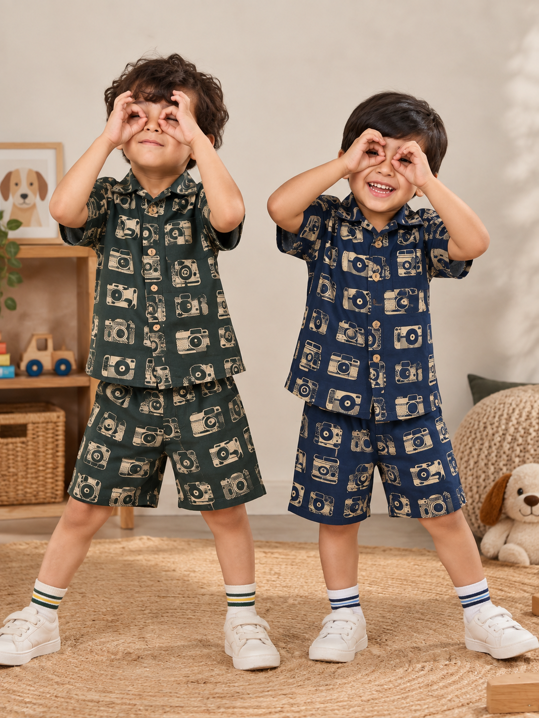 Vintage Camera Print Shirt-Shorts Co-ord Set for boys