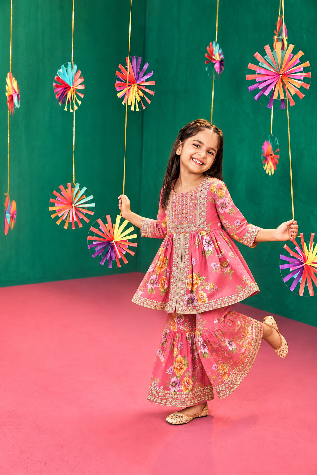 Pink Floral Embroidered Sharara Set