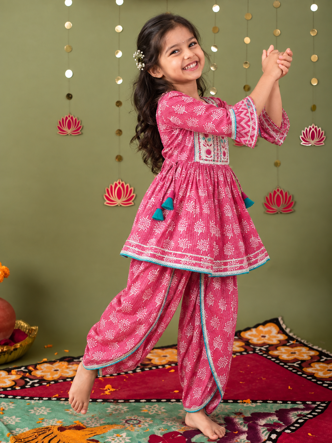 Rani Pink Embroidered Bandhej Flared Kurta-Dhoti Set