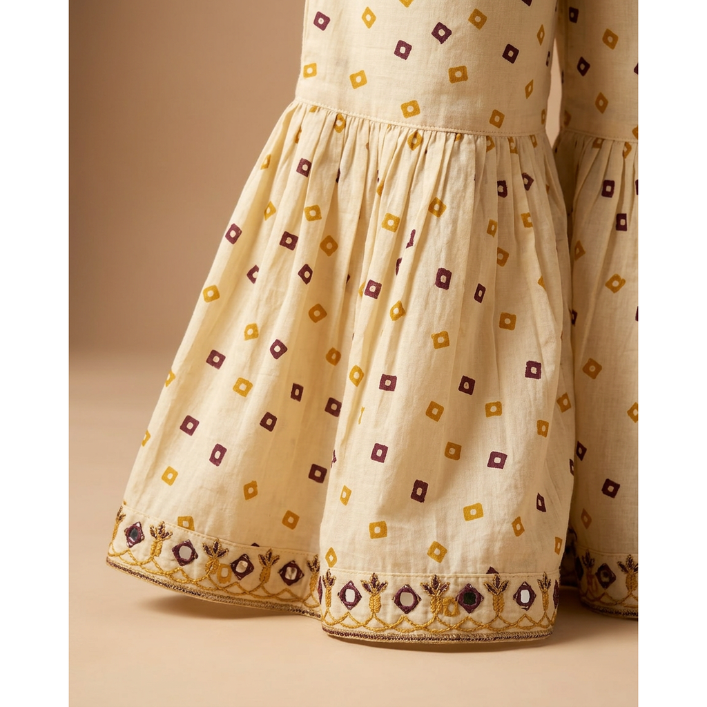 Ivory Bandhej Flared Sharara Set with Embroidery