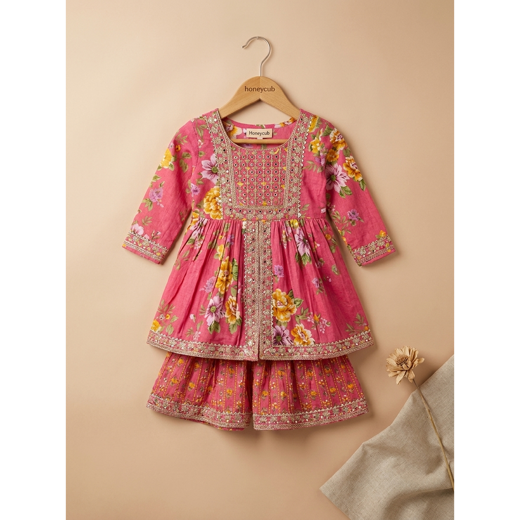 Pink Floral Embroidered Sharara Set