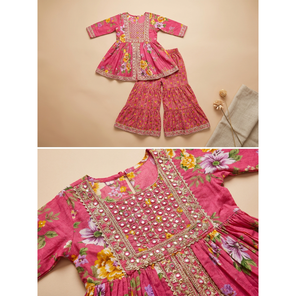 Pink Floral Embroidered Sharara Set