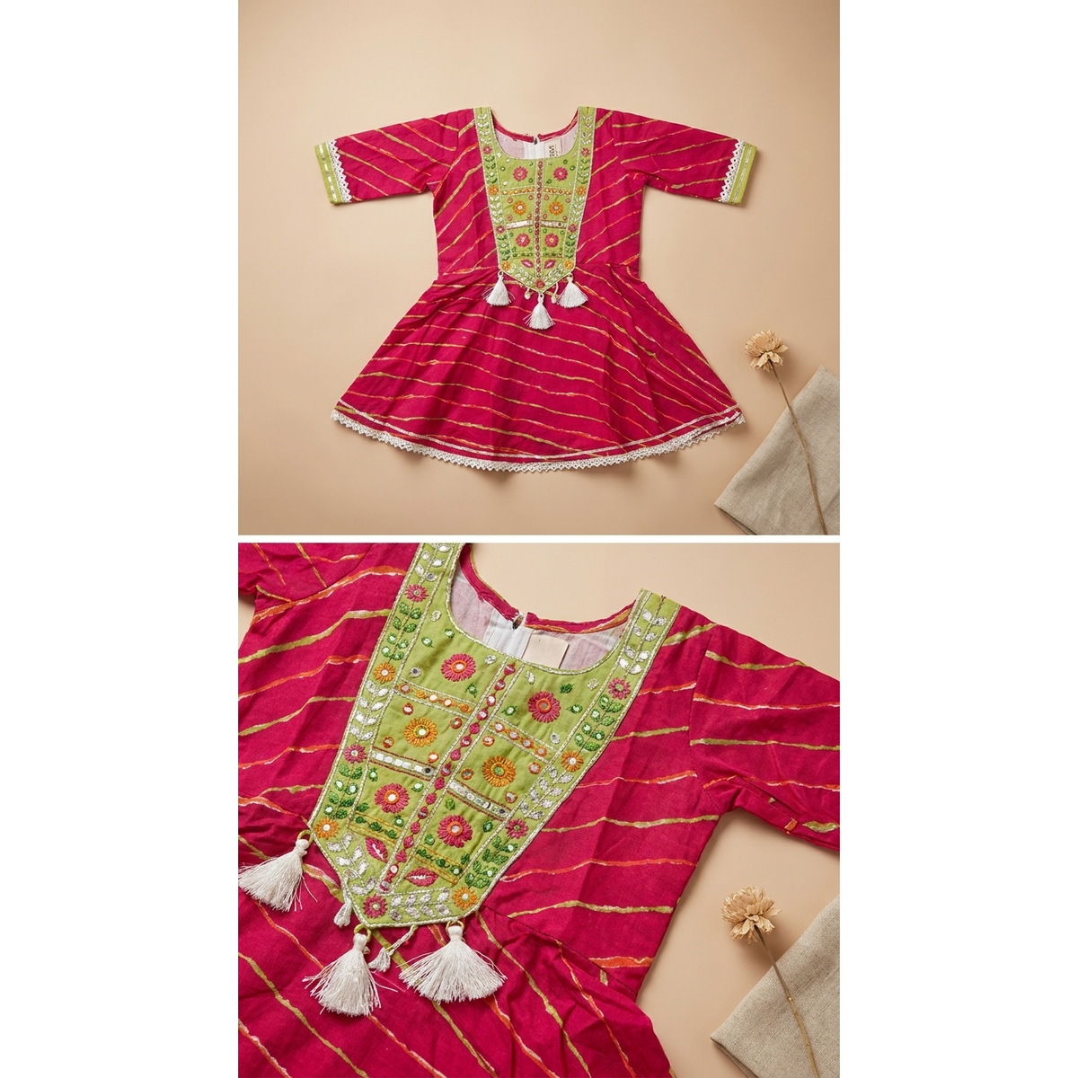 Rani Pink Leheriya Sharara Set with Embroidery