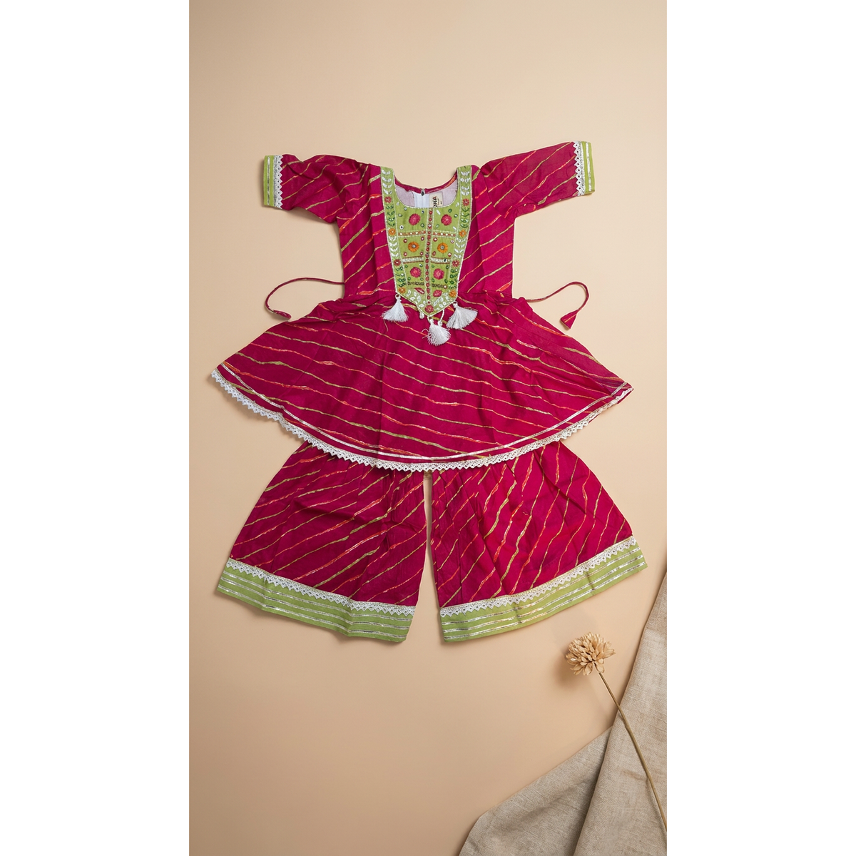 Rani Pink Leheriya Sharara Set with Embroidery