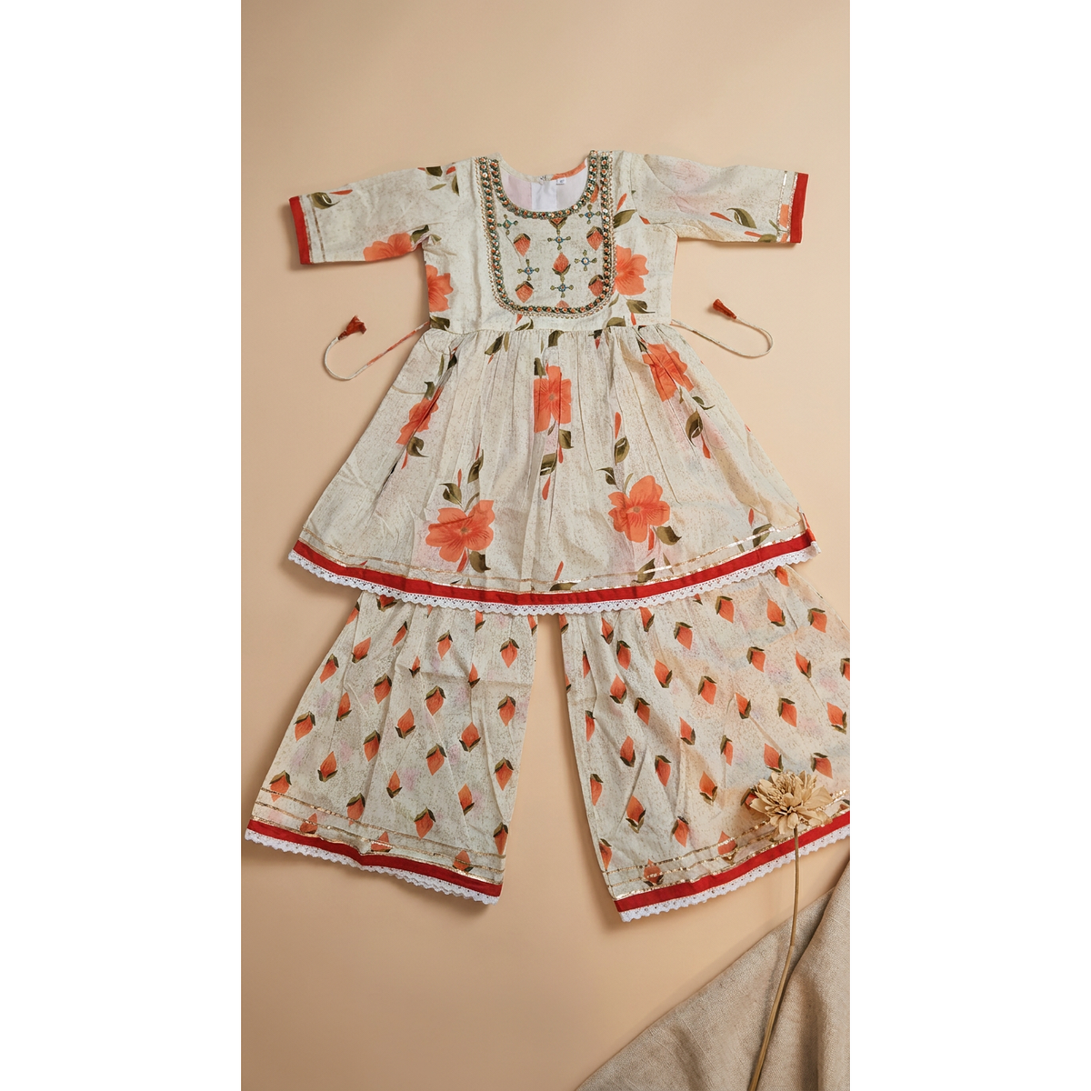 Ivory Floral Printed Kurta Palazzo Set
