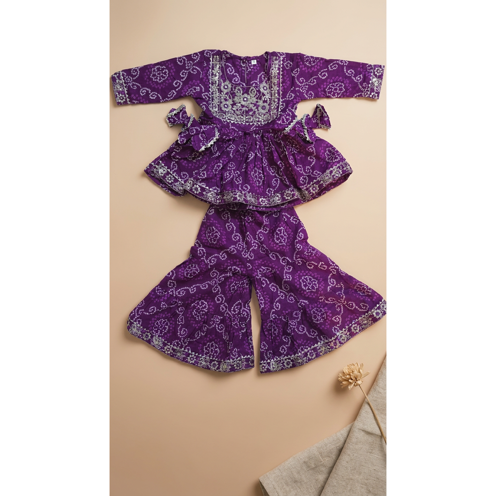 Purple Bandhej Printed Peplum Sharara Set