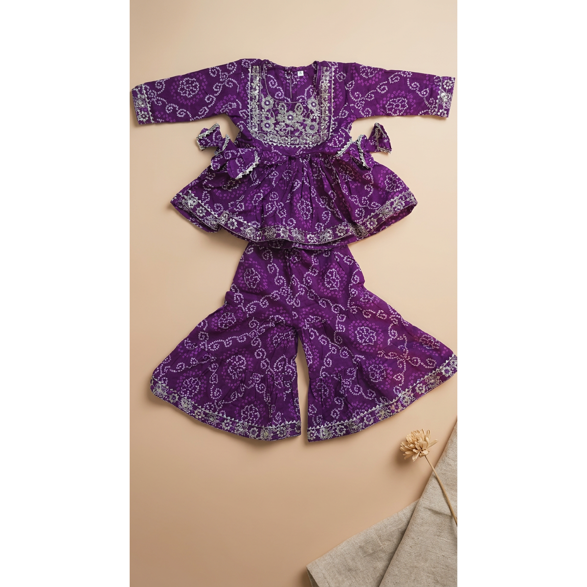 Purple Bandhej Printed Peplum Sharara Set