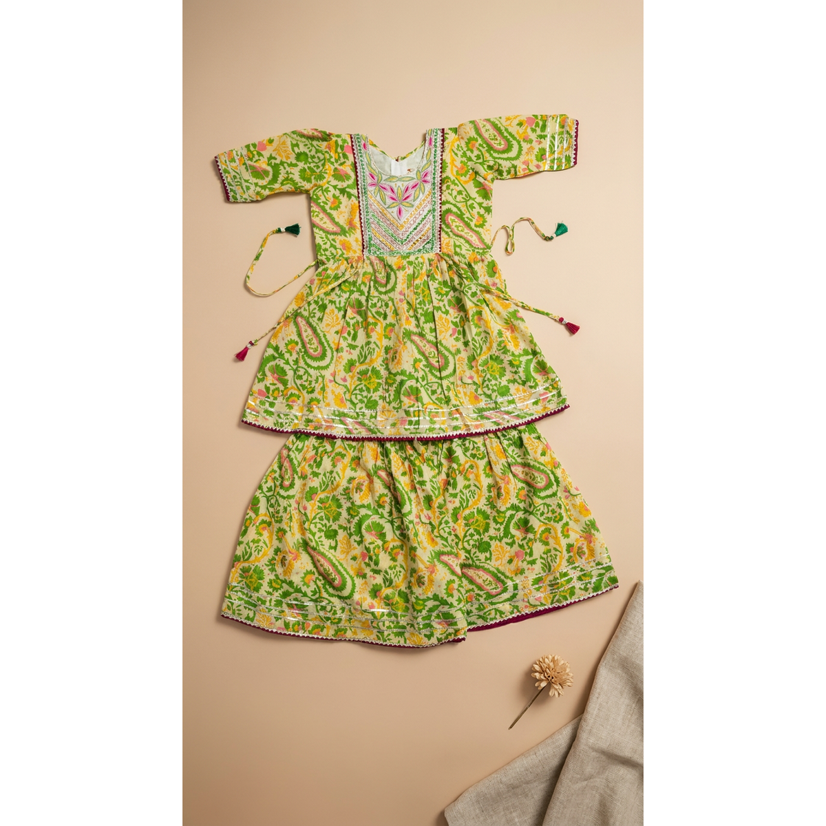 Lime Green Paisley Embroidered Flared Sharara Set