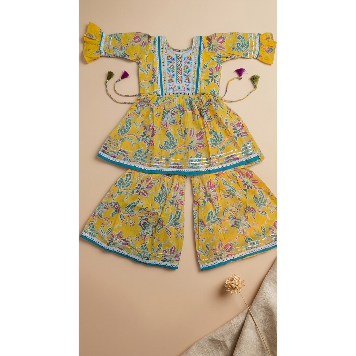 Sunshine Yellow Floral Embroidered Flared Sharara Set